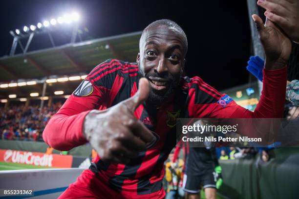 Ronald Mukibi of Ostersunds FK celebrates after the victory during the UEFA Europa League group J match between Ostersunds FK and Hertha BSC at...