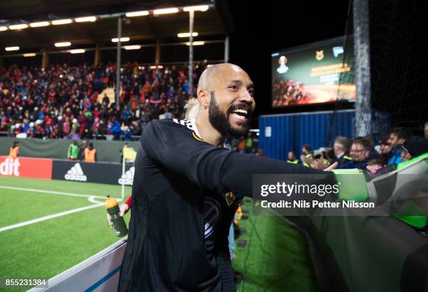 Aly Keita, goalkeeper of Ostersunds FK celebrates after the victory during the UEFA Europa League group J match between Ostersunds FK and Hertha BSC...