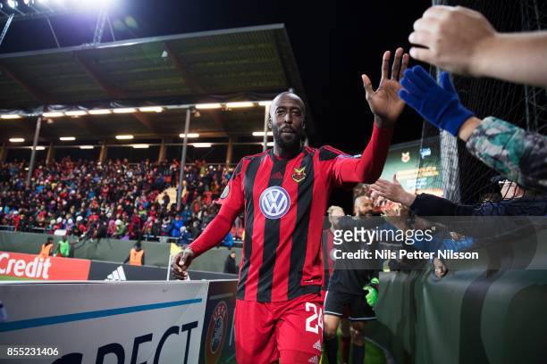 Ronald Mukibi of Ostersunds FK celebrates after the victory during the UEFA Europa League group J match between Ostersunds FK and Hertha BSC at...