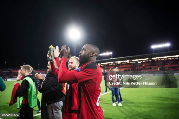 Ronald Mukibi of Ostersunds FK celebrates after the victory during the UEFA Europa League group J match between Ostersunds FK and Hertha BSC at...