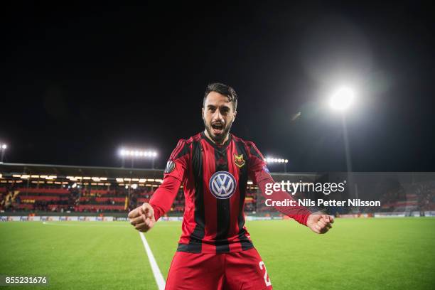 Brwa Nouri of Ostersunds FK celebrates after the victory during the UEFA Europa League group J match between Ostersunds FK and Hertha BSC at...