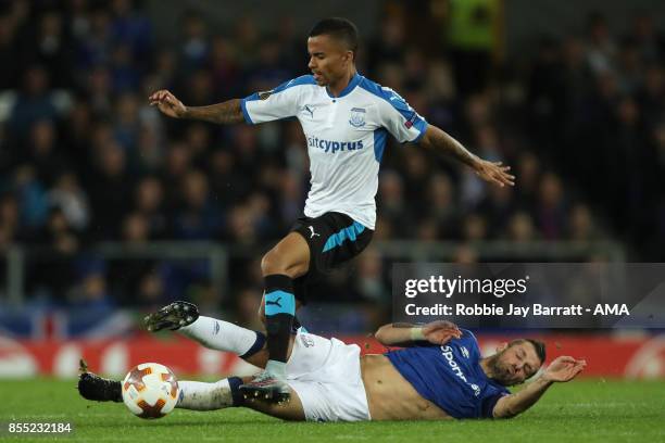 Allan Rodrigues De Souza of Apollon Limassol and Morgan Schneiderlin of Everton during the UEFA Europa League group E match between Everton FC and...