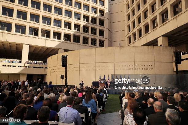 Attorney General Jeff Sessions delivers remarks during the installation of Federal Bureau of Investigation Director Christopher Wray at FBI...