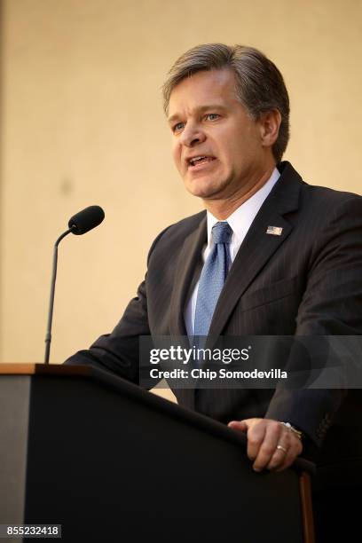 Federal Bureau of Investigation Director Christopher Wray delivers remarks during his installation ceremony at FBI headquaters September 28, 2017 in...