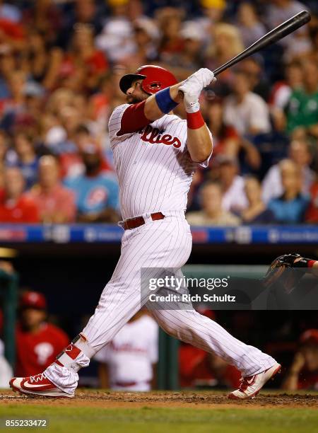 Cameron Rupp of the Philadelphia Phillies in action against the Washington Nationals during a game at Citizens Bank Park on September 26, 2017 in...