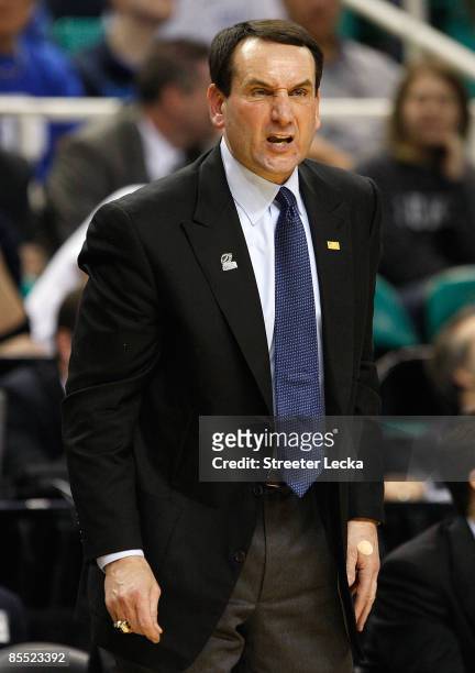 Head coach Mike Krzyzewski of the Duke Blue Devils yells to his team against the Binghamton Bearcats during the first round of the NCAA Division I...