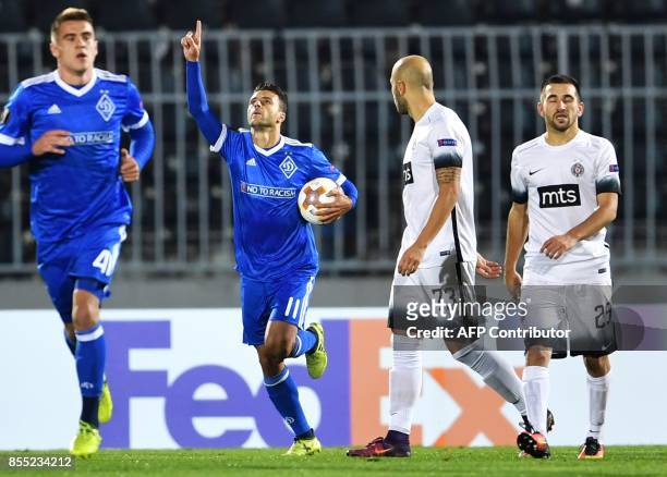 Dynamo Kyiv's Brazilian forward Junior Moraes celebrates after scoring a goal during the UEFA Europa League match between Partizan Belgrade and...