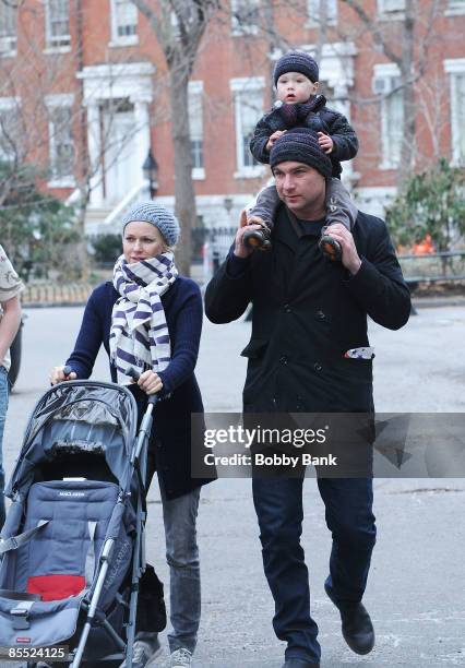 Naomi Watts, Liev Schreiber and son Alexander Schreiber sighting on the streets of Manhattan on March 19, 2009 in New York City.