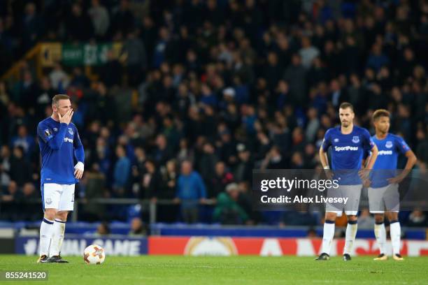 Wayne Rooney of Everton looks dejected after Apollon Limassol score their second goal during the UEFA Europa League group E match between Everton FC...