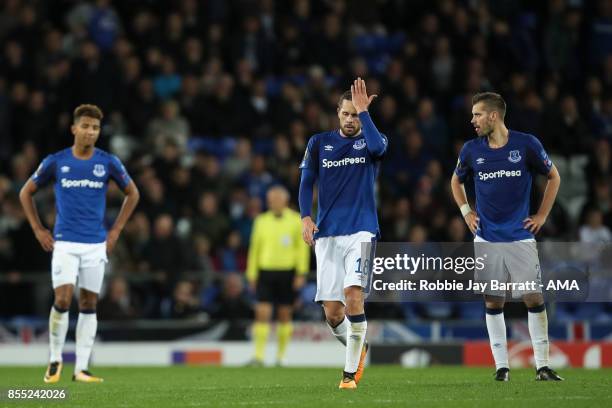 Gylfi Sigurdsson of Everton dejected after conceding to make it 2-2 during the UEFA Europa League group E match between Everton FC and Apollon...