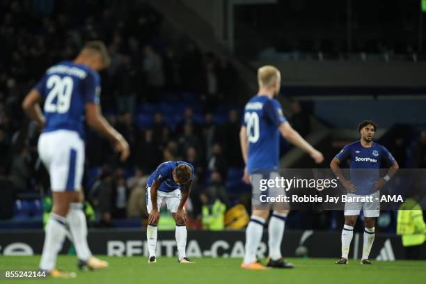 Ashley Williams of Everton and Mason Holgate of Everton dejected at full time during the UEFA Europa League group E match between Everton FC and...