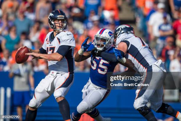 Trevor Siemian of the Denver Broncos drops back to pass during the fourth quarter against the Buffalo Bills on September 24, 2017 at New Era Field in...