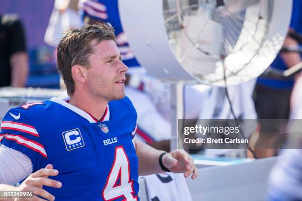 Stephen Hauschka of the Buffalo Bills sits on the bench during the fourth quarter against the Denver Broncos on September 24, 2017 at New Era Field...