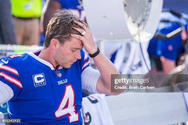 Stephen Hauschka of the Buffalo Bills sits on the bench during the fourth quarter against the Denver Broncos on September 24, 2017 at New Era Field...