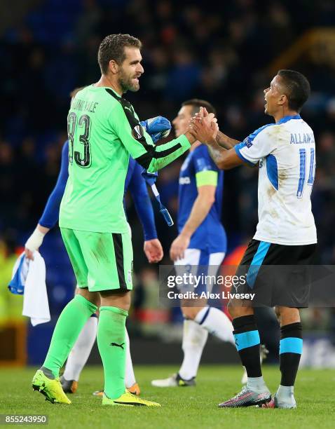 Bruno Vale of Apollon Limassol and Allan Rodrigues de Souza of Apollon Limassol celebrate during the UEFA Europa League group E match between Everton...