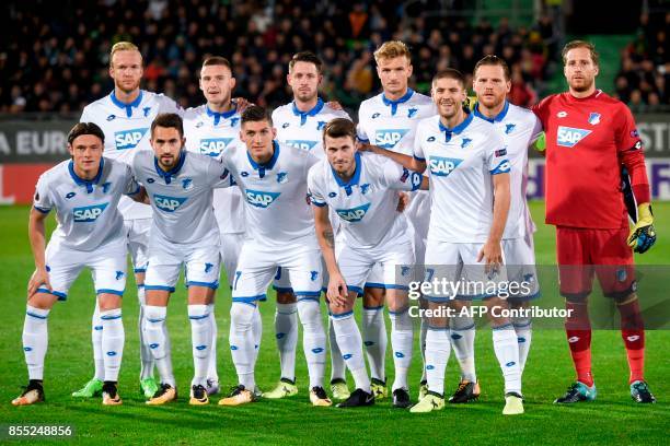 Hoffenheim's team players German defender Nico Schulz, German midfielder Lukas Rupp, Swiss Midfielder Steven Zuber, Norwegian midfielder Havard...