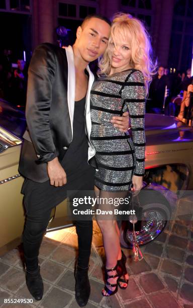 Olivier Rousteing and Pamela Anderson attend the launch of the new L'Oreal Paris X Balmain Paris lipstick collection at L'Ecole de Medecine on...