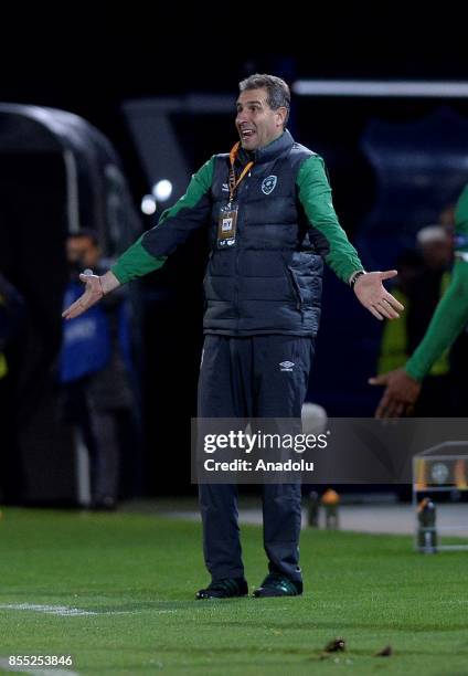 Head Coach of PFC Ludogorets Dimitar Dimitrov reacts during the UEFA Europa League Group C match between teams of PFC Ludogorets and TSG 1899...