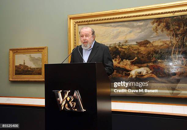 Sir Peter Hall speaks at the launch party for the opening of the new Theatre and Performance galleries at the Victoria & Albert Museum on March 16,...