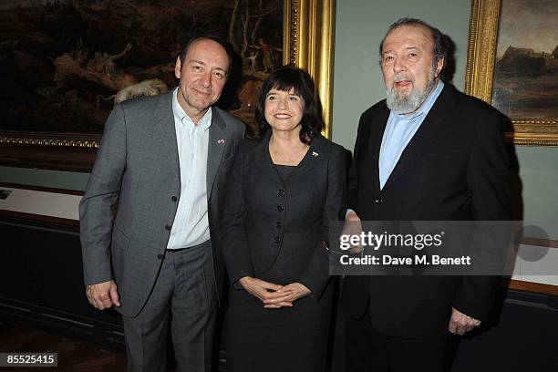 Kevin Spacey, Barbara Follett and Sir Peter Hall attend the launch party for the opening of the new Theatre and Performance galleries at the Victoria...