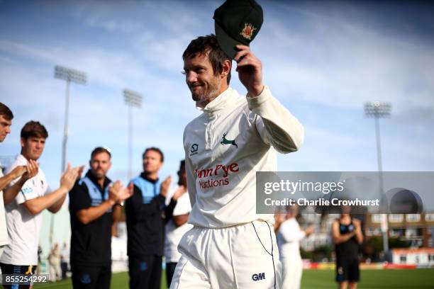 Nottingham's Chris Read is applauded off after playing his last game as he captains his team to promotion during day four of the Specsavers County...