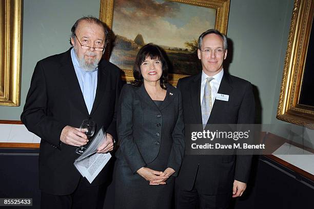 Sir Peter Hall, Barbara Follett and Paul Ruddock attend the launch party for the opening of the new Theatre and Performance galleries at the Victoria...