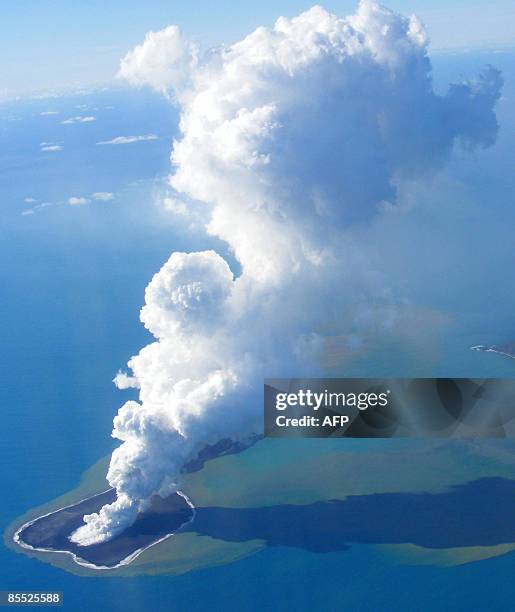 This picture taken on March 19, 2009 shows an aerial photo of ash rising into the air from an undersea volcanic eruption, part of the uninhabited...