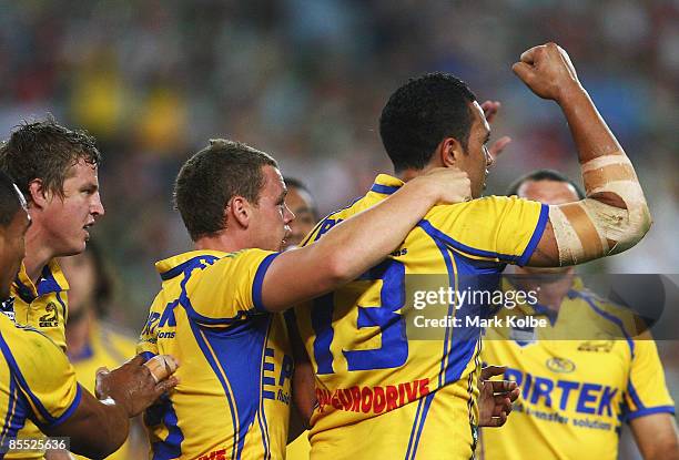 Feleti Mateo of the Eels celebrates after scoring a try during the round two NRL match between the South Sydney Rabbitohs and the Parramatta Eels at...