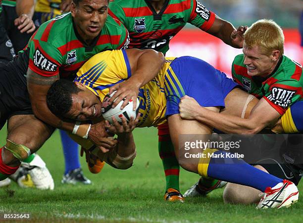 Feleti Mateo of the Eels drives towards the line to score a try during the round two NRL match between the South Sydney Rabbitohs and the Parramatta...