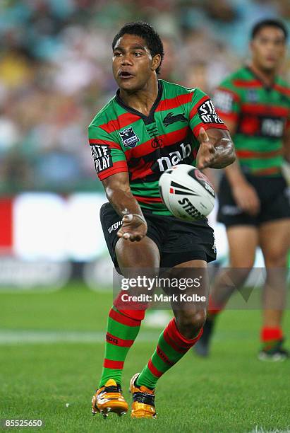 Chris Sandow of the Rabbitohs passes the ball out during the round two NRL match between the South Sydney Rabbitohs and the Parramatta Eels at ANZ...