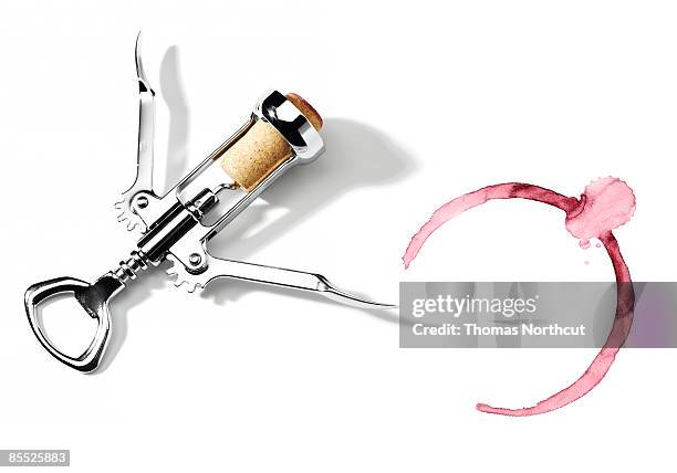 wine opener, cork and wine bottle ring. - korkenzieher stock-fotos und bilder