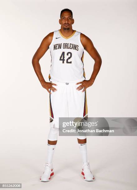 Alexis Ajinca of the New Orleans Pelicans poses for a portrait during media day on September 25, 2017 at Smoothie King Center in New Orleans,...