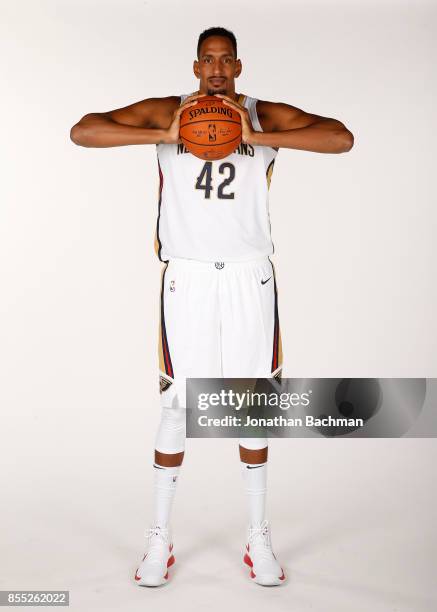 Alexis Ajinca of the New Orleans Pelicans poses for a portrait during media day on September 25, 2017 at Smoothie King Center in New Orleans,...