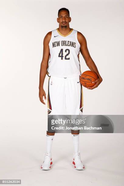 Alexis Ajinca of the New Orleans Pelicans poses for a portrait during media day on September 25, 2017 at Smoothie King Center in New Orleans,...