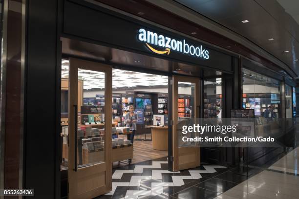 Facade of Amazon Books store, a physical retail store operated by Internet company Amazon, at Time Warner Center in Manhattan, New York City, New...