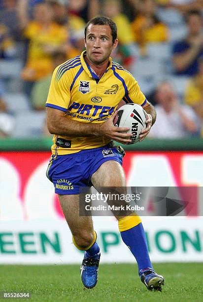 Luke Burt of the Eels takes the ball to the defence during the round two NRL match between the South Sydney Rabbitohs and the Parramatta Eels at ANZ...