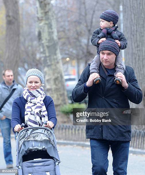 Naomi Watts, Liev Schreiber and son Alexander Schreiber sighting on the streets of Manhattan on March 19, 2009 in New York City.