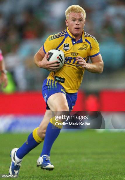 Kris Keating of the Eels runs the ball during the round two NRL match between the South Sydney Rabbitohs and the Parramatta Eels at ANZ Stadium on...