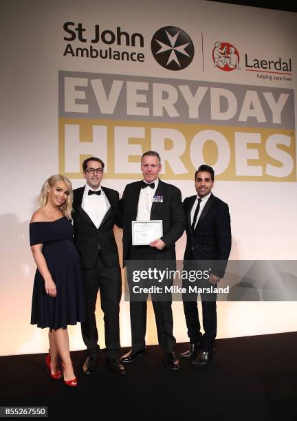 Katie Piper, Gareth Patrickson, Managing Director of Laerdal UK and Dr Ranj present Tony Davis with his Special Commendation for his actions during...