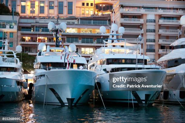 Yachts are displayed at the Hercules Port in Monaco for the 27th edition of the International Monaco Yacht Show on September 28, 2017 in Monaco,...