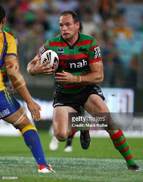 Luke Stuart of the Rabbitohs hits the ball up during the round two NRL match between the South Sydney Rabbitohs and the Parramatta Eels at ANZ...