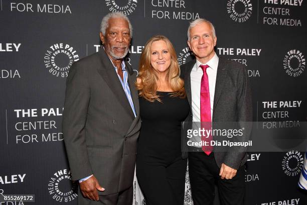 Host/executive producer Morgan Freeman, executive producer Lori McCreary, and executive producer James Younger attend The Paley Center for Media...