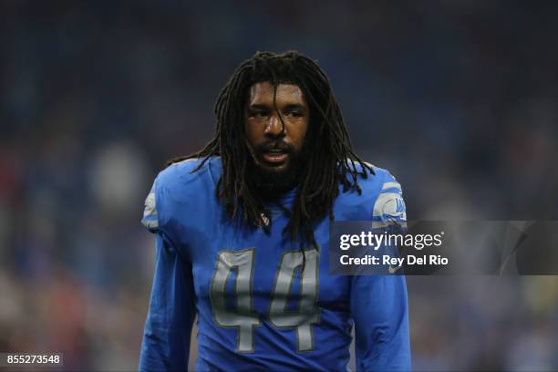 Jalen Reeves-Maybin of the Detroit Lions walks to the locker room at halftime against the Atlanta Falcons at Ford Field on September 24, 2017 in...