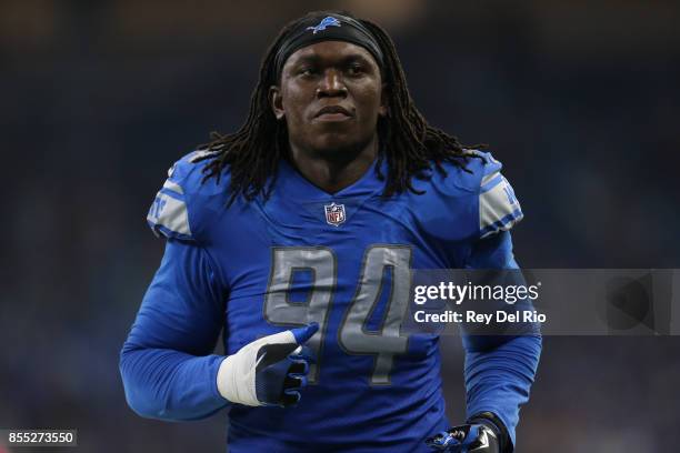 Ezekiel Ansah of the Detroit Lions walks to the locker room at halftime against the Atlanta Falcons at Ford Field on September 24, 2017 in Detroit,...
