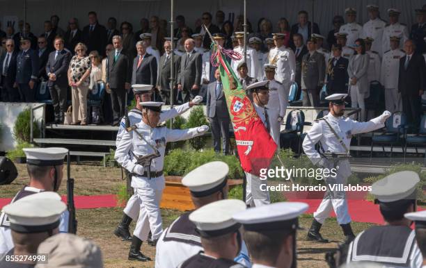 Navy flag bearer and escorts parade during the commemoration of the 100th anniversary of Portuguese Naval Aviation on September 28, 2017 in Lisbon,...