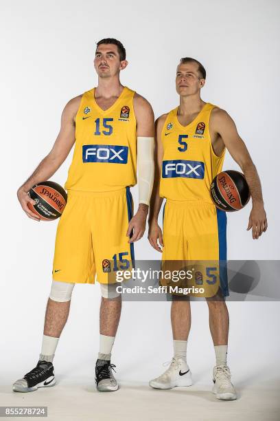 Jake Cohen, #15 and Michael Roll, #5 poses during Maccabi Fox Tel Aviv 2017/2018 Turkish Airlines EuroLeague Media Day at Menora Mivtachim Arena on...