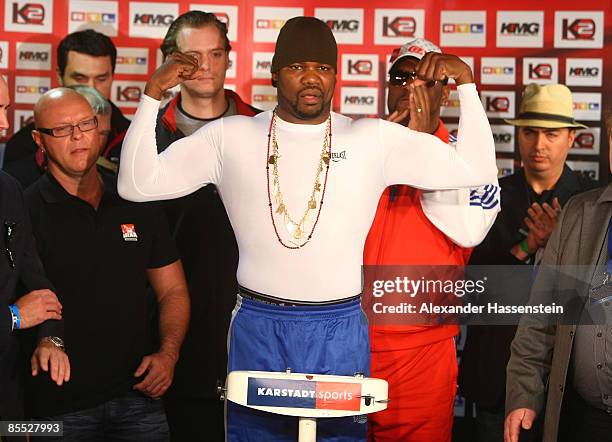 Juan Carlos Gomez of Cuba attends the weigh in at the Karstadt Sport shop on March 20, 2009 in Stuttgart, Germany. The WBC World Championship...