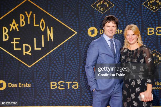 German actor Jens Harzer and German actress Joerdis Triebel attend the 'Babylon Berlin' Premiere at Berlin Ensemble on September 28, 2017 in Berlin,...