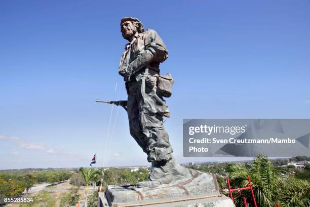 The recently restored bronze statue of Ernesto Che Guevara is seen overlooking the Revolution Square, on May 16 in Santa Clara, Cuba. Revolution...