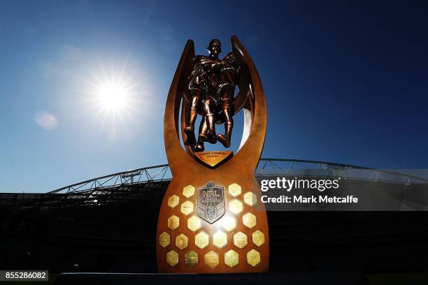 The Provan Summons trophy is displayed during a NRL Grand Final Media Opportunuty at ANZ Stadium on September 29, 2017 in Sydney, Australia.